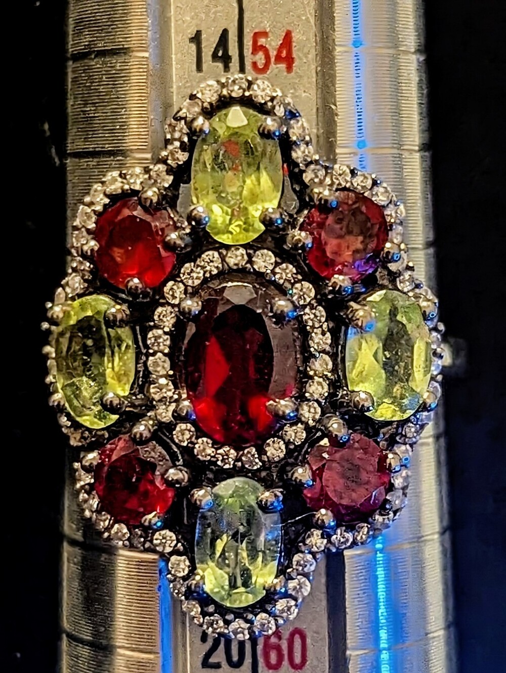 Multistone Garnet And Peridot Sterling Silver & Rhodium Plated Ring